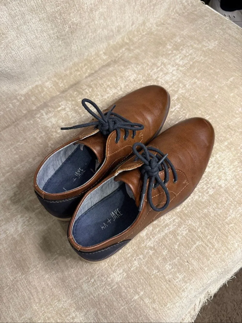 Max + Jake Boys Faux Leather Oliver Oxford Dress Shoes Cognac Brown Navy Size 6M